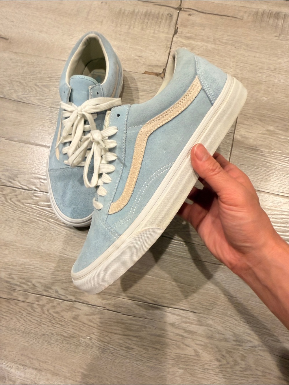 Vans Light Blue Suede Old Skool Sneakers with Cream Stripe
